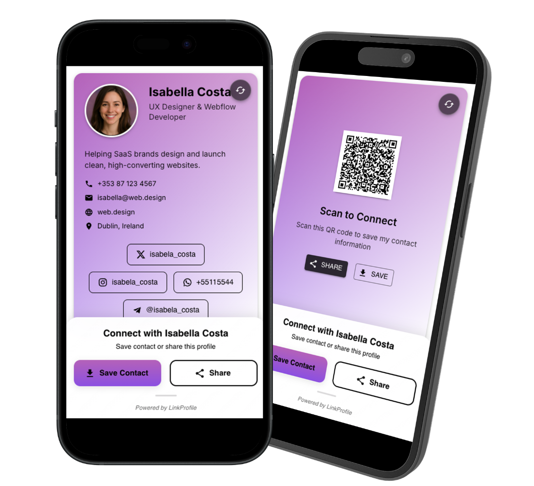Preview of a digital business card front and back on mobile phones